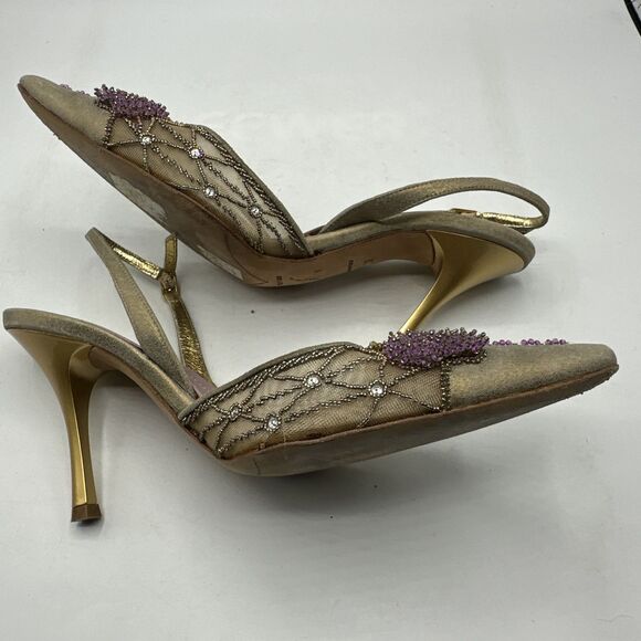 Rene Caovilla Gold Metallic Pink Beaded Leather Heels Slingbacks Sz 7 - Picture 6 of 10